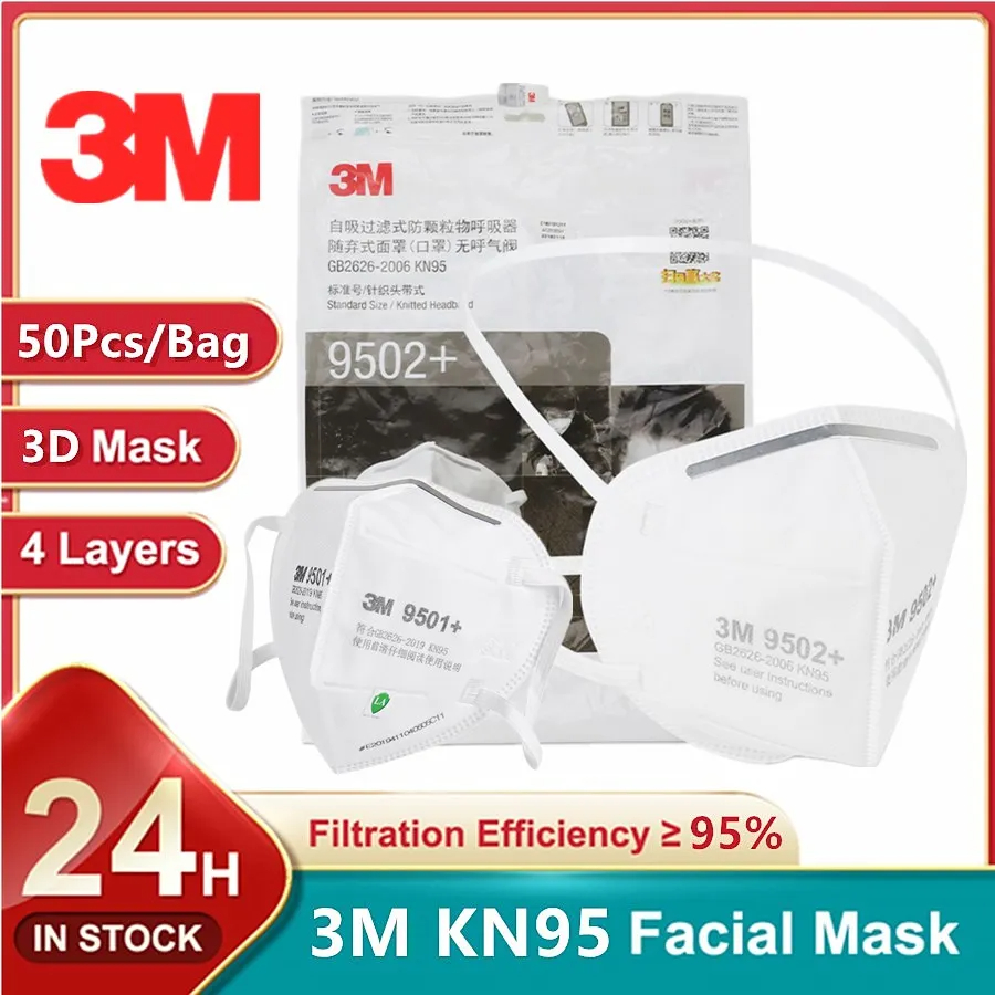 3M Mask 9502+ - KN95成人用フェイスマスク、再利用可能なイヤーループヘッドバンド、承認されたワイドソフトバンド、粒子フィルタリング、オリジナル、3m、9501、9502、9502、50ピース/バッグ