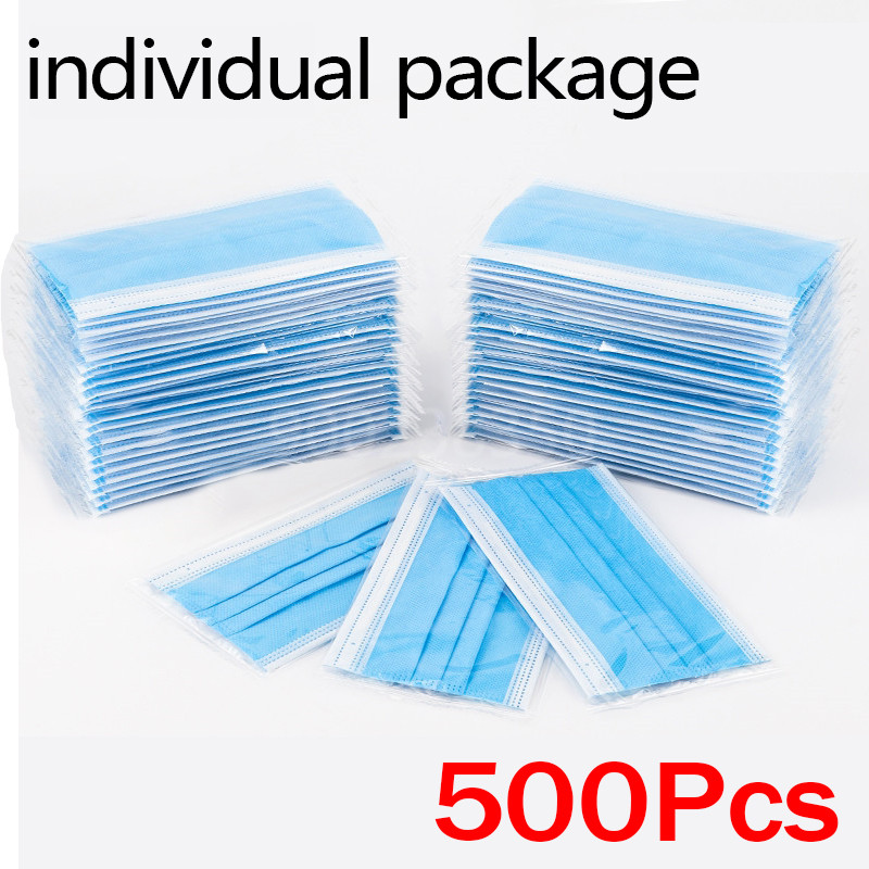 Disposable Mask Blue - 10-500枚入り 使い捨て大人用個別包装マスク フィルター付き メルトブローン不織布 フェイスマスク ブルー