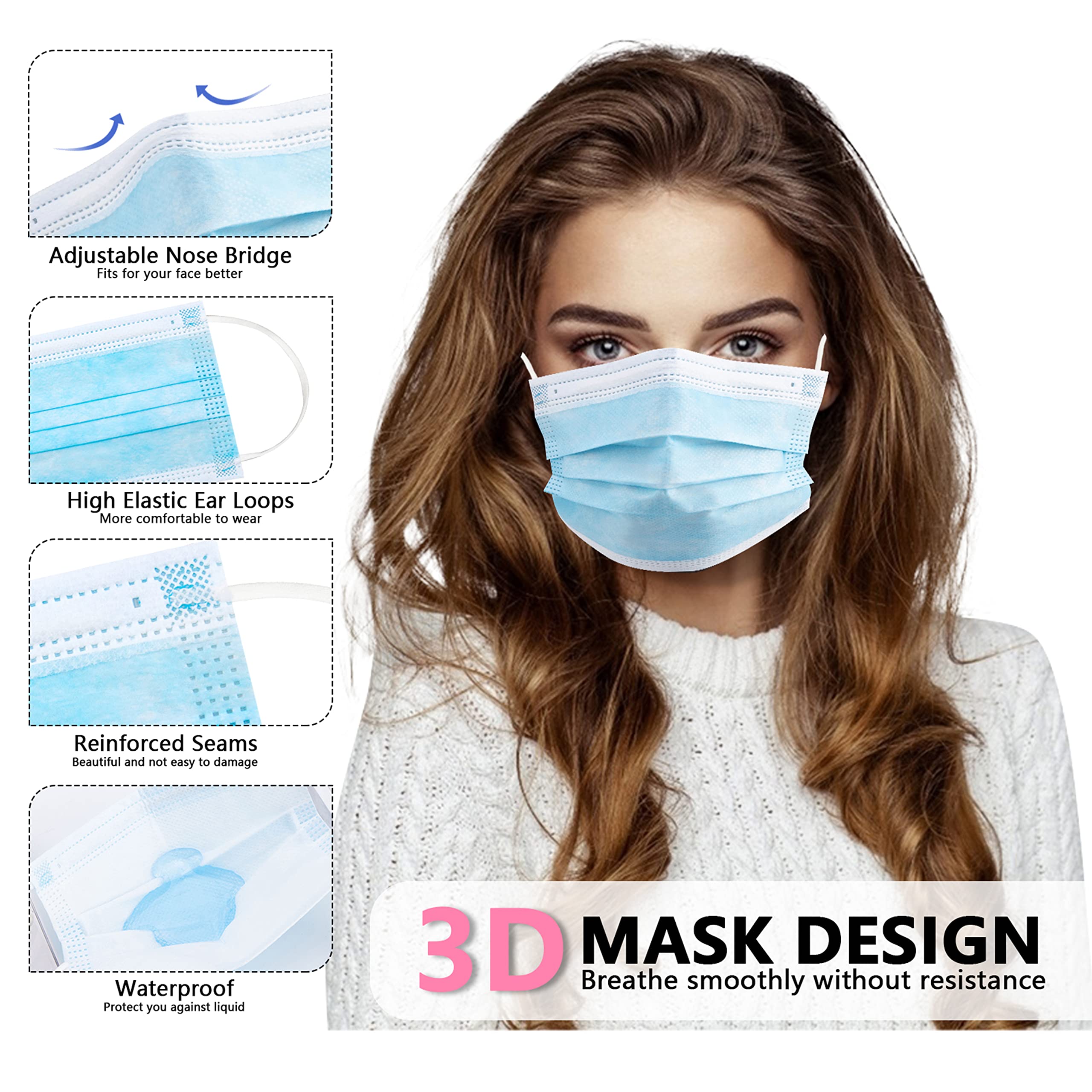 3層使い捨てフェイスマスク,3層の通気性と快適性,安全シール - Disposable Mask Blue のレビューと価格